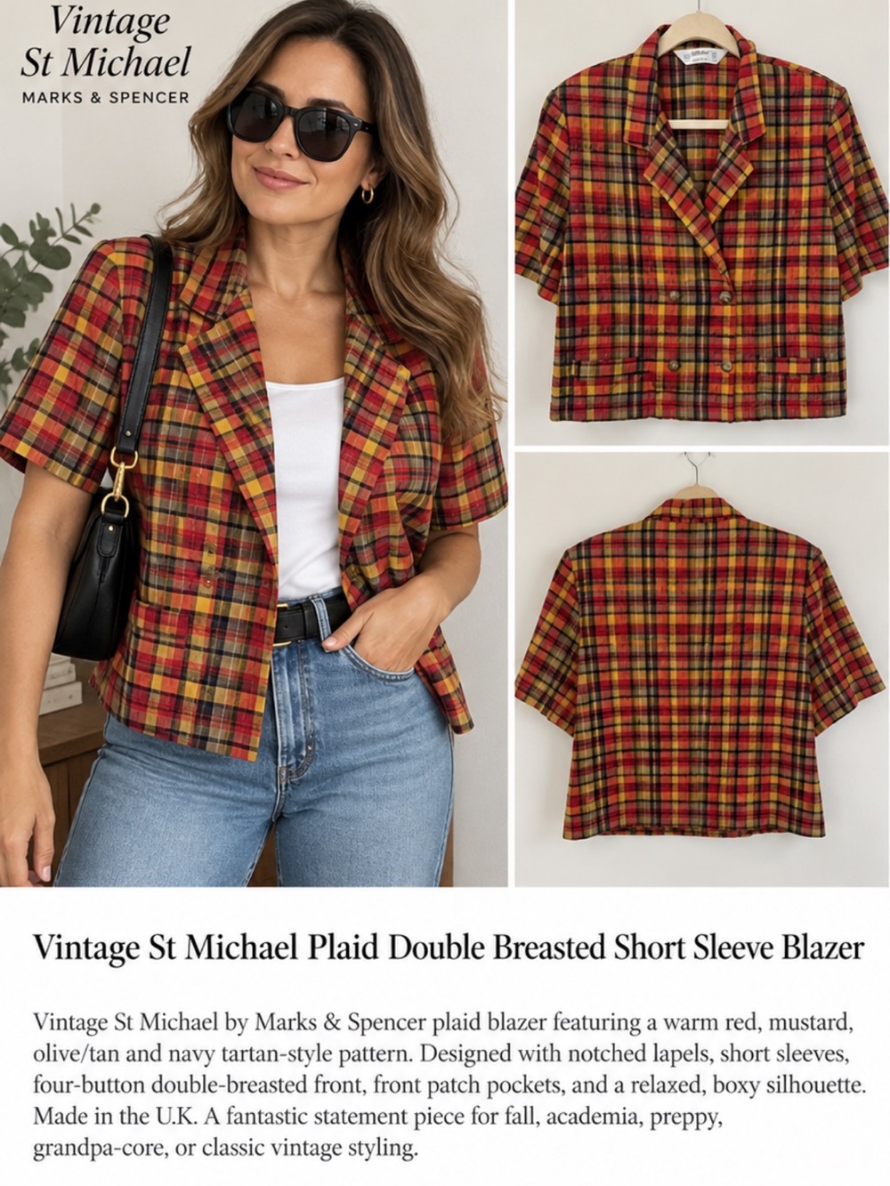 Vintage St Michael Plaid Double Breasted Short Sleeve Blazer Size 18